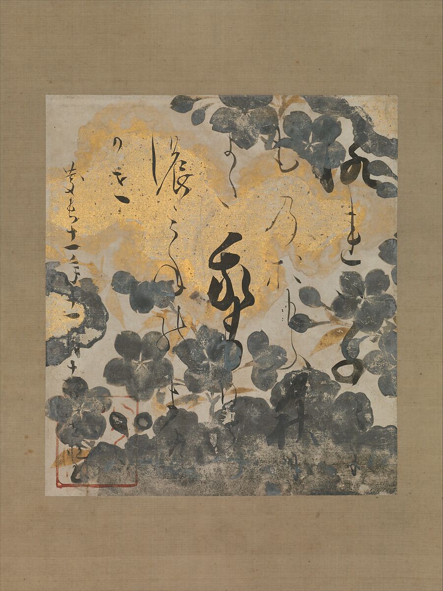 Poem by Kamo no Chōmei with Underpainting of Cherry Blossoms, Calligraphy by Hon&#39;ami Kōetsu (Japanese, 1558–1637), Poem card (shikishi) mounted as a hanging scroll; ink, gold, and silver on paper, Japan 