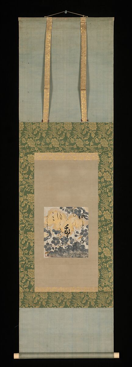 Poem by Kamo no Chōmei with Underpainting of Cherry Blossoms, Calligraphy by Hon'ami Kōetsu (Japanese, 1558–1637), Poem card (shikishi) mounted as a hanging scroll; ink, gold, and silver on paper, Japan