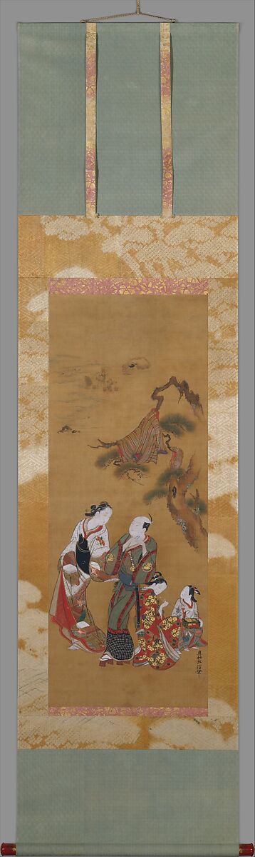 Yukihira and Two Brinemaidens at Suma, Okumura Masanobu (Japanese, 1686–1764), Hanging scroll; ink and color on silk, Japan