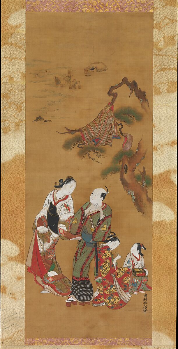 Yukihira and Two Brinemaidens at Suma, Okumura Masanobu (Japanese, 1686–1764), Hanging scroll; ink and color on silk, Japan 