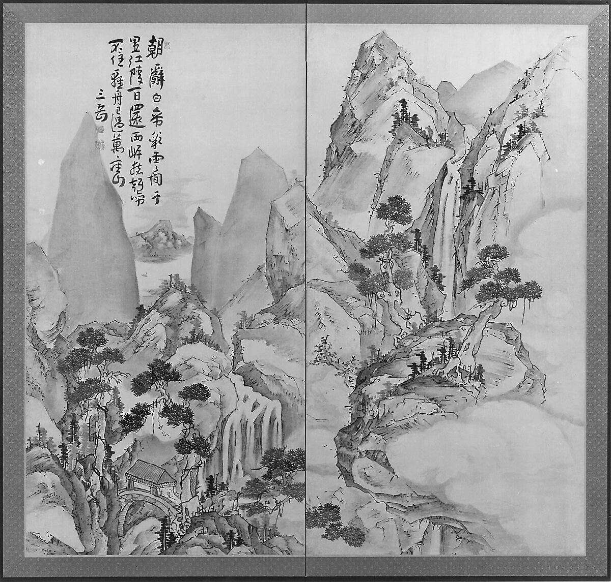 Landscape after Li Bai's poem, After Ike no Taiga (Japanese, 1723–1776), Pair of two-panel screens, originally sliding-door panels; ink on paper, Japan