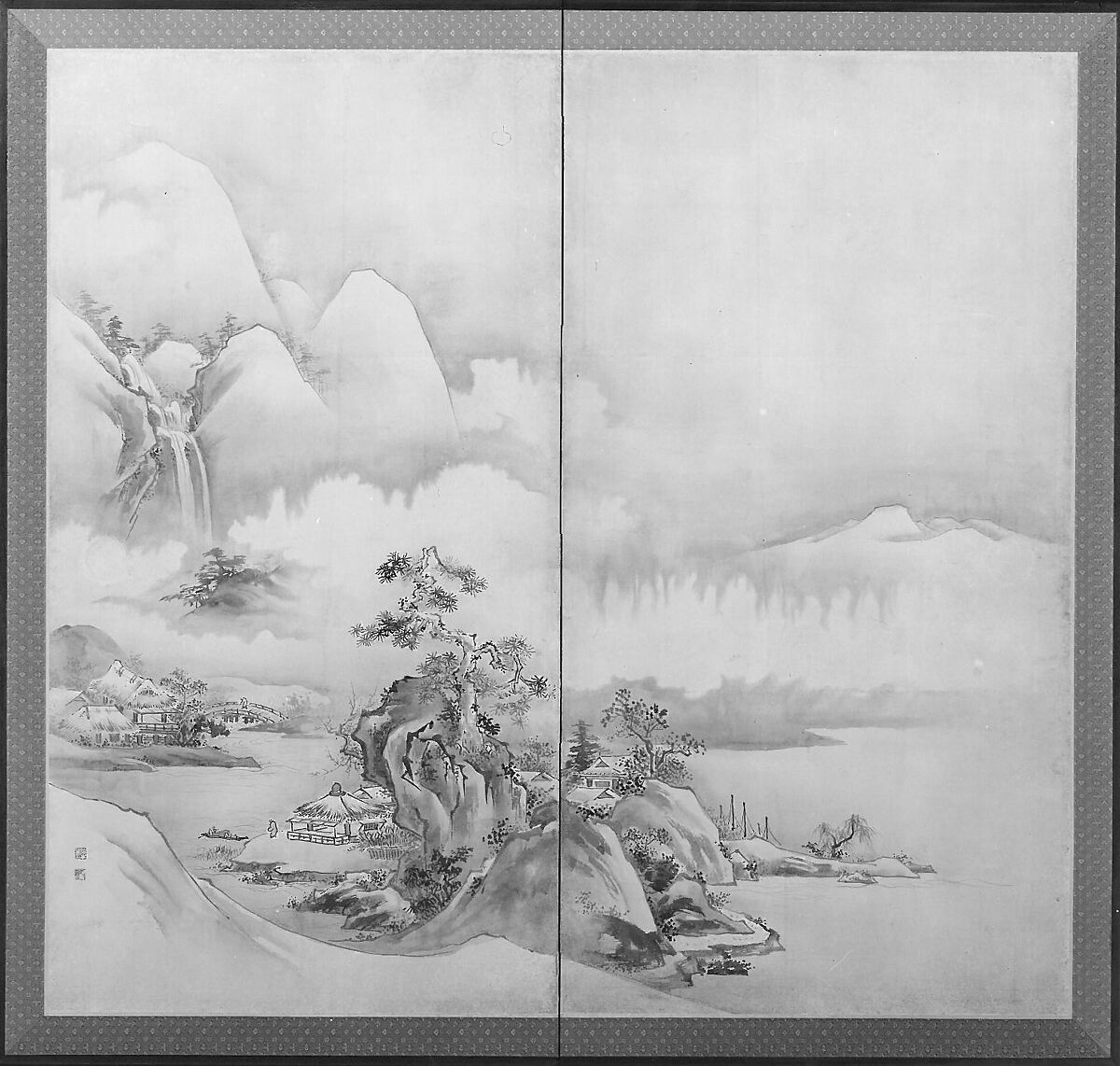 Landscape after Li Bai's poem, After Ike no Taiga (Japanese, 1723–1776), Pair of two-panel screens, originally sliding-door panels; ink on paper, Japan