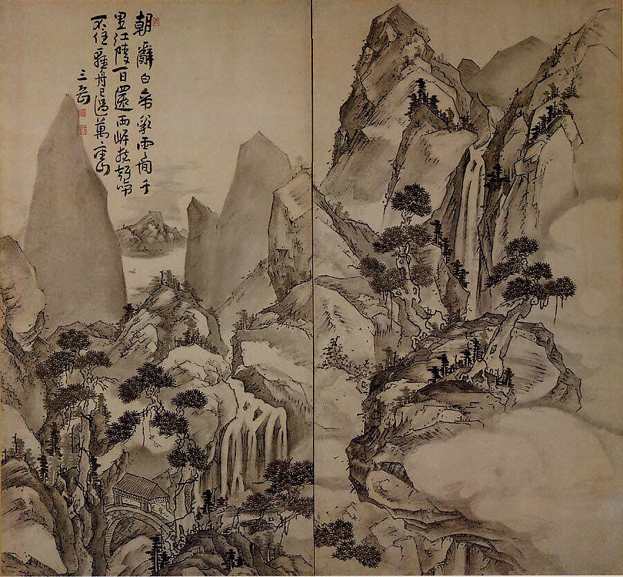 Landscape after Li Bai's poem, After Ike Taiga (Japanese, 1723–1776), Pair of two-panel screens, originally sliding-door panels; ink on paper, Japan 