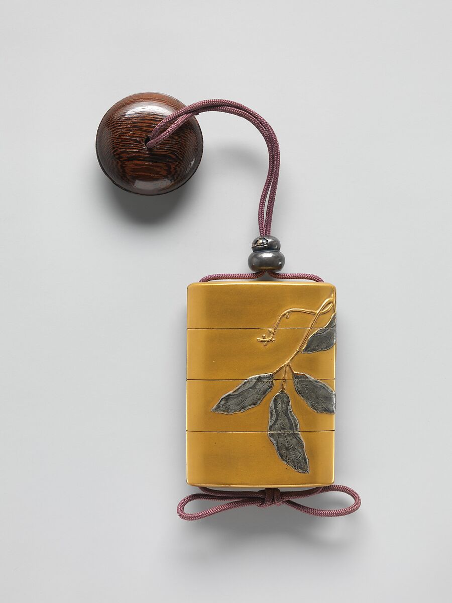 Case (Inrō) with Design of Bean Vine, Mochizuki Hanzan (Japanese, 1743–?1790), Case: powdered gold (maki-e) on lacquer with ceramic, lead, and mother-of-pearl inlays; ceramic seal on base; Fastener (ojime): alloy of silver and copper with design of mice in rice cakes; Toggle (netsuke): lacquer with design of lotus leaf and caterpillar in lead and ivory inlays, Japan