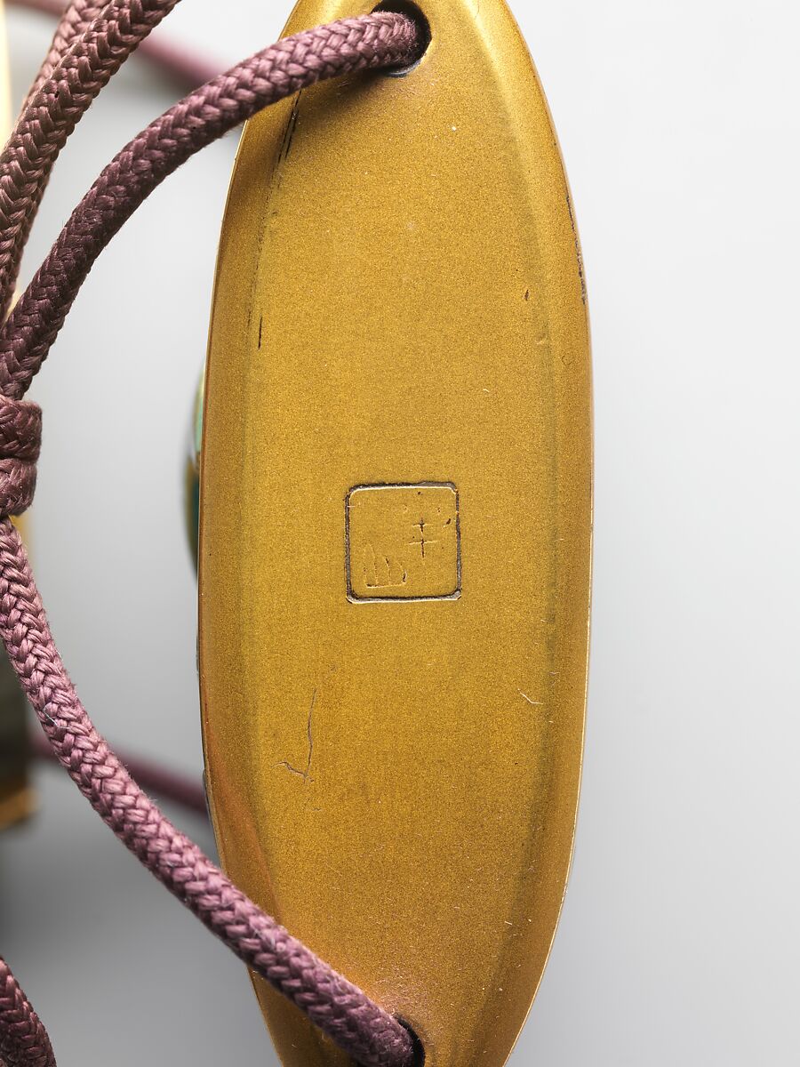 Case (Inrō) with Design of Bean Vine, Mochizuki Hanzan (Japanese, 1743–?1790), Case: powdered gold (maki-e) on lacquer with ceramic, lead, and mother-of-pearl inlays; ceramic seal on base; Fastener (ojime): alloy of silver and copper with design of mice in rice cakes; Toggle (netsuke): lacquer with design of lotus leaf and caterpillar in lead and ivory inlays, Japan