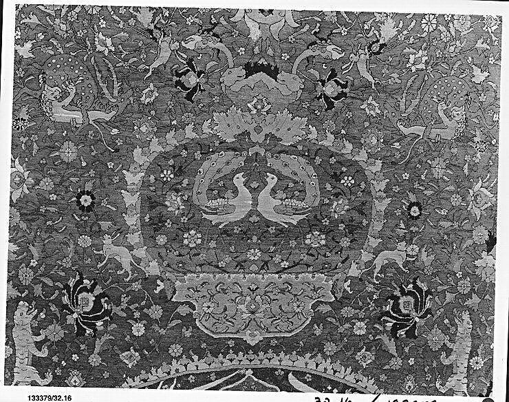 Carpet, Silk (warp and weft), wool (pile), metal wrapped thread; asymmetrical knotted pile, brocaded