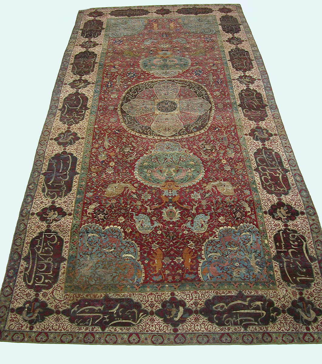 Carpet, Silk (warp and weft), wool (pile), metal wrapped thread; asymmetrical knotted pile, brocaded