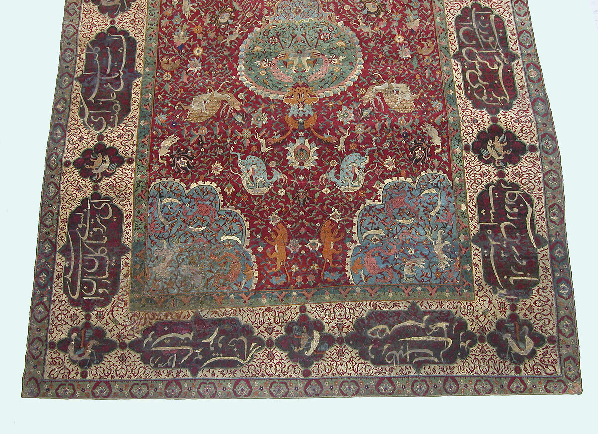 Carpet, Silk (warp and weft), wool (pile), metal wrapped thread; asymmetrical knotted pile, brocaded