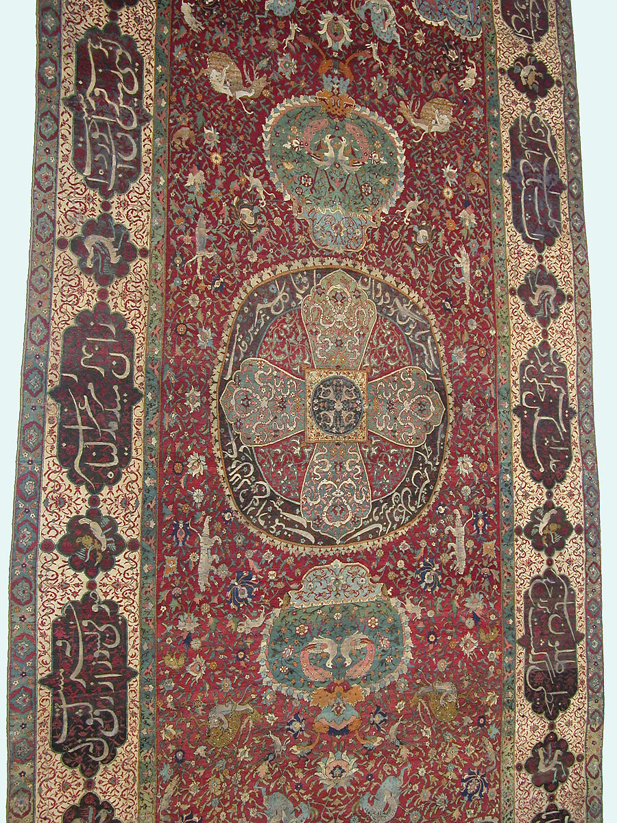 Carpet, Silk (warp and weft), wool (pile), metal wrapped thread; asymmetrical knotted pile, brocaded