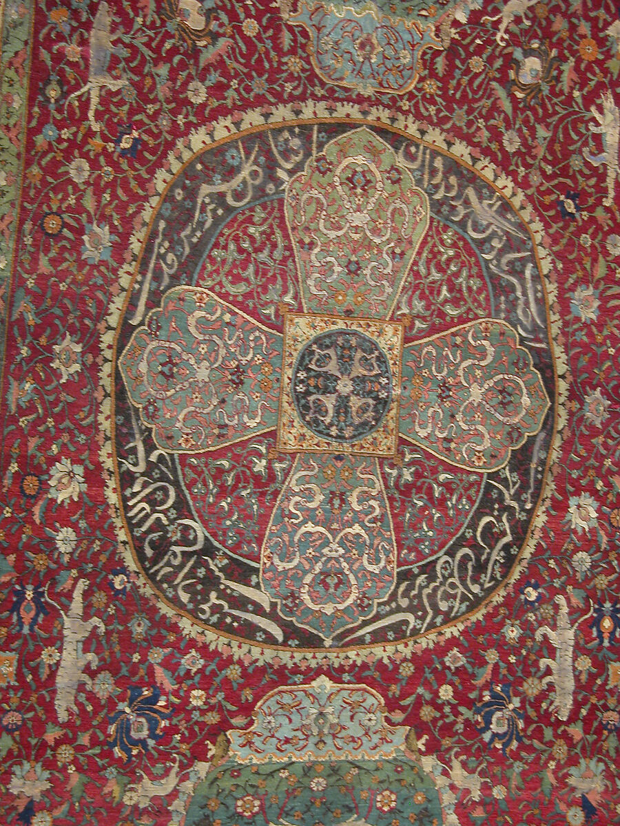 Carpet, Silk (warp and weft), wool (pile), metal wrapped thread; asymmetrical knotted pile, brocaded