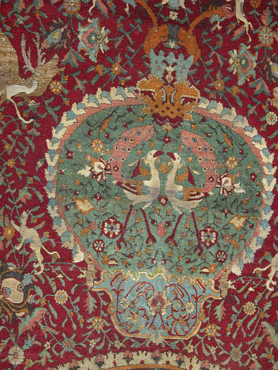 Carpet, Silk (warp and weft), wool (pile), metal wrapped thread; asymmetrical knotted pile, brocaded