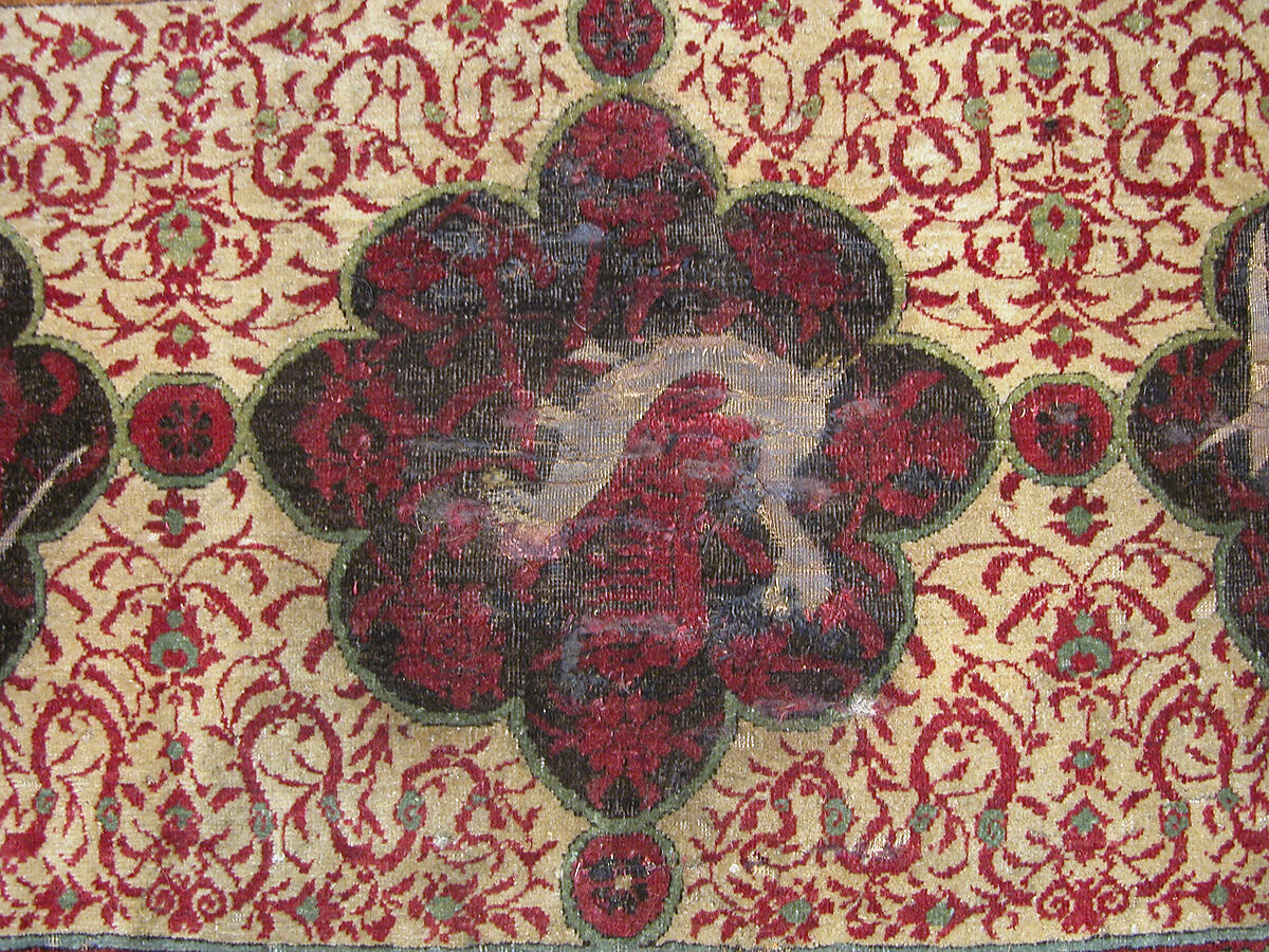 Carpet, Silk (warp and weft), wool (pile), metal wrapped thread; asymmetrical knotted pile, brocaded