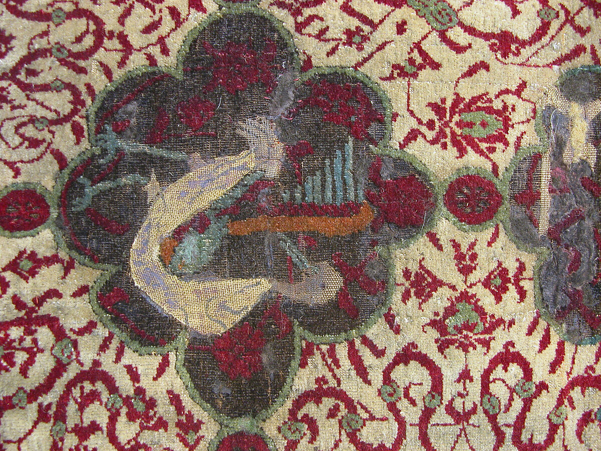 Carpet, Silk (warp and weft), wool (pile), metal wrapped thread; asymmetrical knotted pile, brocaded