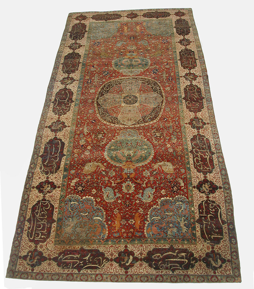 Carpet, Silk (warp and weft), wool (pile), metal wrapped thread; asymmetrical knotted pile, brocaded