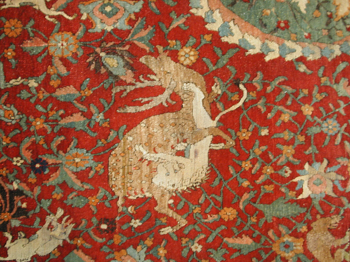 Carpet, Silk (warp and weft), wool (pile), metal wrapped thread; asymmetrical knotted pile, brocaded