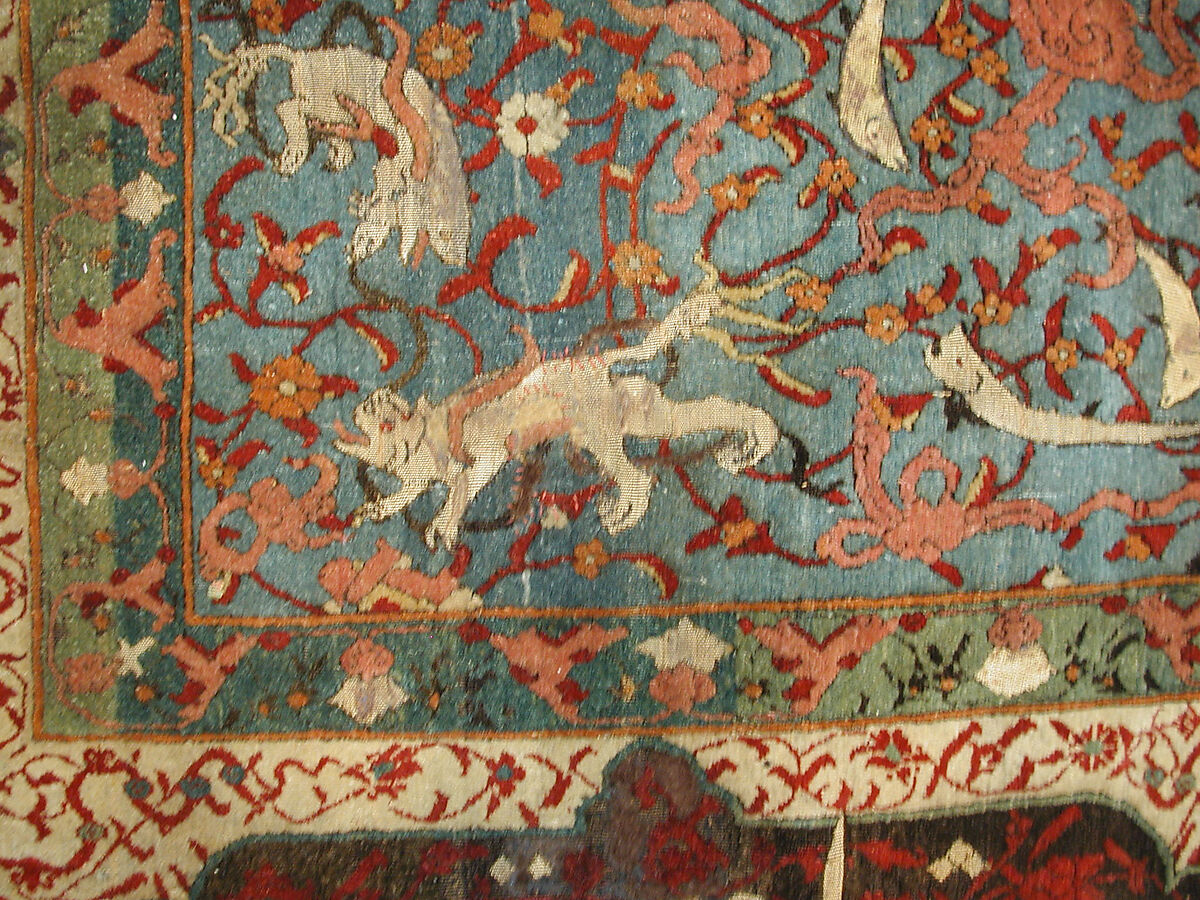 Carpet, Silk (warp and weft), wool (pile), metal wrapped thread; asymmetrical knotted pile, brocaded