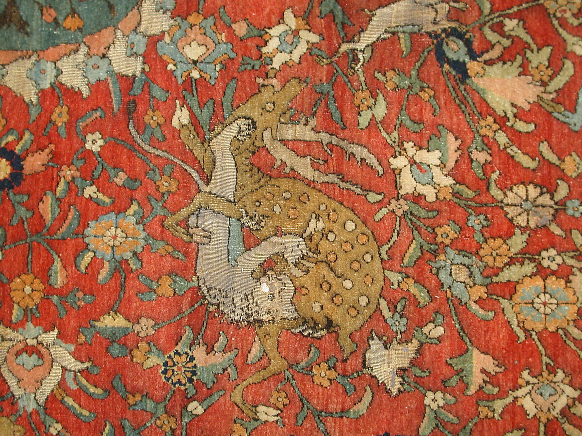 Carpet, Silk (warp and weft), wool (pile), metal wrapped thread; asymmetrical knotted pile, brocaded