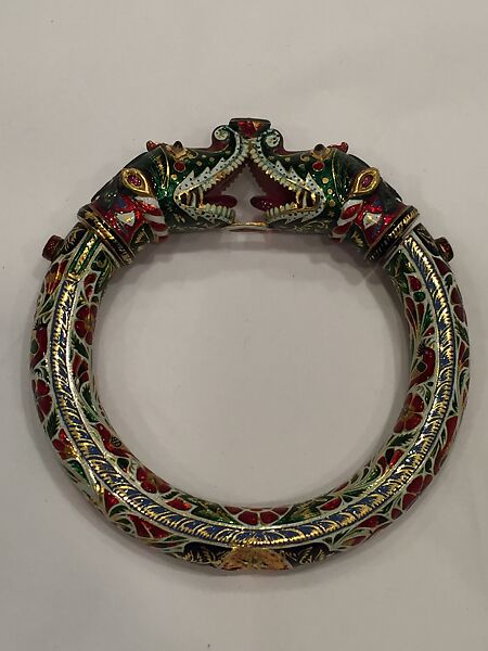 Bracelet (Kada) with Makara Head Terminals, Enamel, gold; set with diamonds, rubies, emeralds, and agate