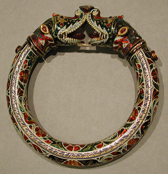 Bracelet (Kada) with Makara Head Terminals, Enamel, gold; set with diamonds, rubies, emeralds, and agate 