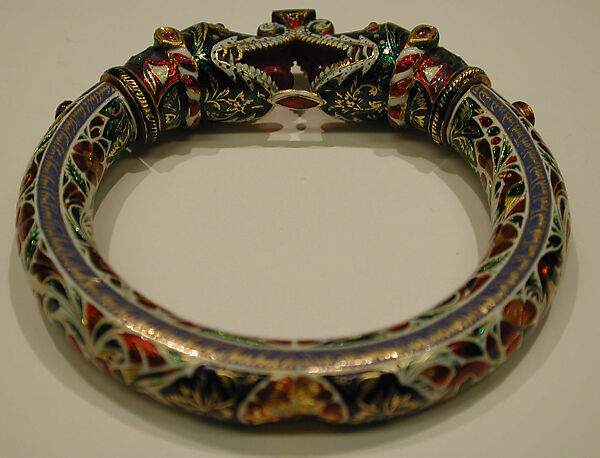 Bracelet (Kada) with Makara Head Terminals, Enamel, gold; set with diamonds, rubies, emeralds, and agate