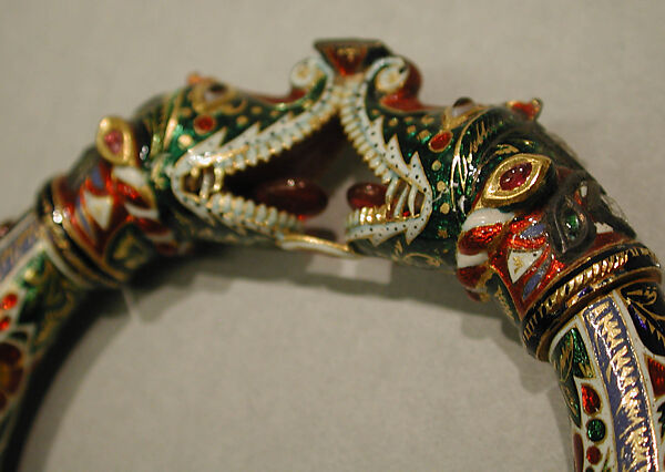 Bracelet (Kada) with Makara Head Terminals, Enamel, gold; set with diamonds, rubies, emeralds, and agate