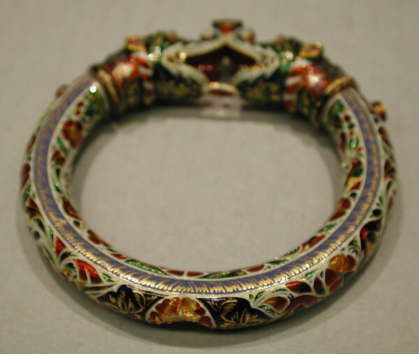 Bracelet (Kada) with Makara Head Terminals, Enamel, gold; set with diamonds, rubies, emeralds, and agate
