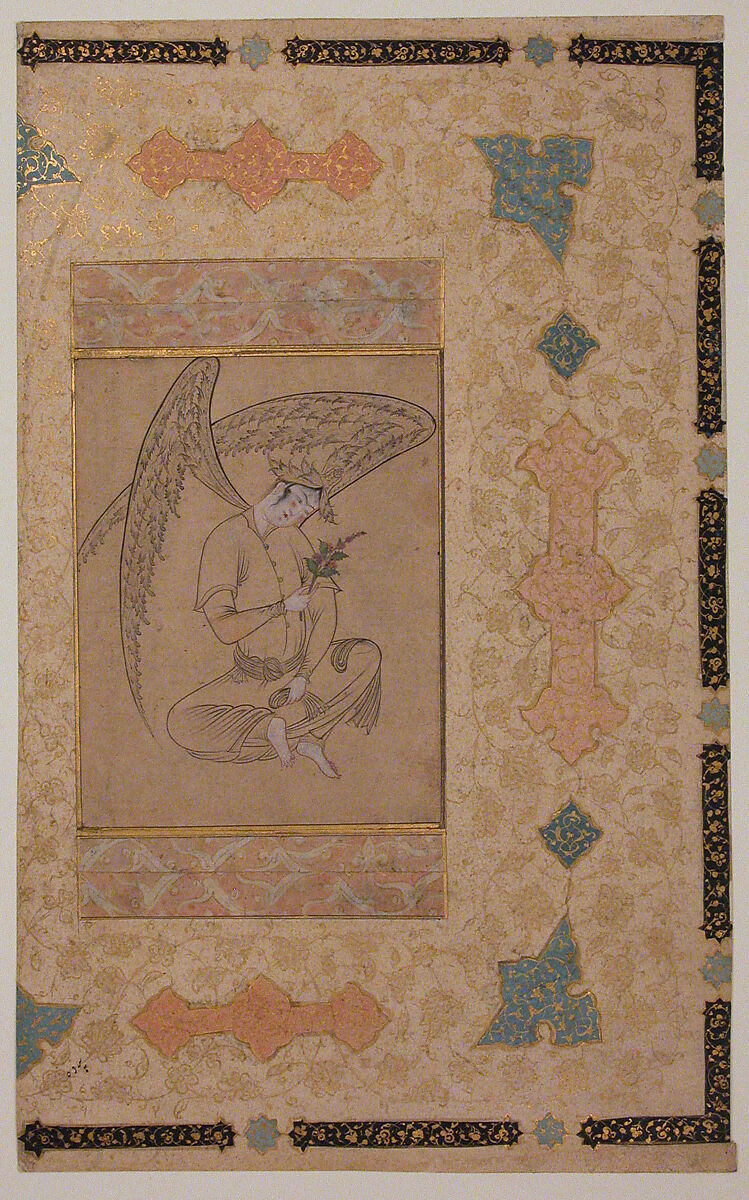 Seated  Angel, Main support: Ink and watercolor on paper. Border: Ink, opaque watercolor, and gold on paper 