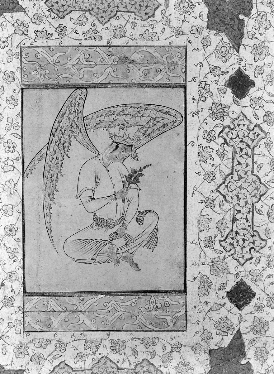 Seated  Angel, Main support: Ink and watercolor on paper. Border: Ink, opaque watercolor, and gold on paper