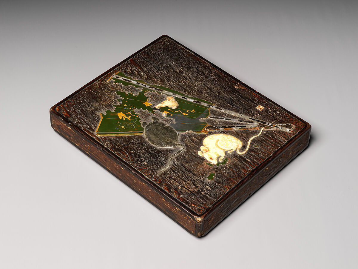 Writing Box (Suzuribako) with Mice and Fan, School of Ogawa Haritsu (Ritsuō) (Japanese, 1663–1747), Lacquered wood with gold, silver, green hiramaki-e, gold and silver foil application, ceramic, ivory, and pewter inlays, Japan 