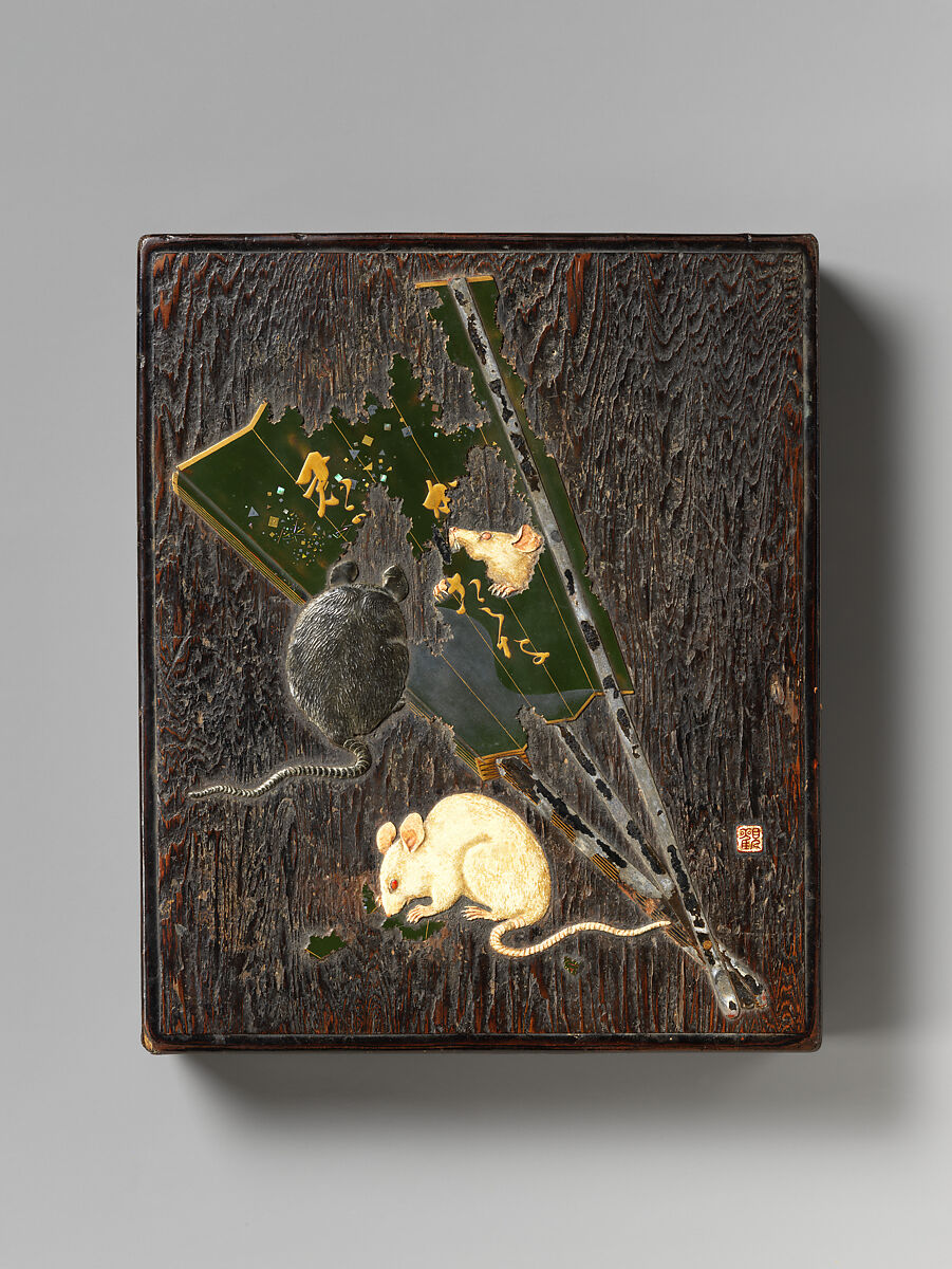 Writing Box (Suzuribako) with Mice and Fan, School of Ogawa Haritsu (Ritsuō) (Japanese, 1663–1747), Lacquered wood with gold, silver, green hiramaki-e, gold and silver foil application, ceramic, ivory, and pewter inlays, Japan