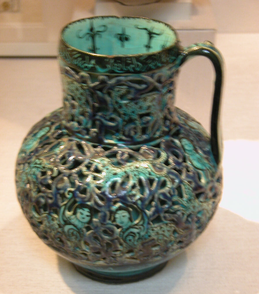 Pierced Jug with Harpies and Sphinxes, Stonepaste; openwork, underglaze-painted, glazed in transparent turquoise