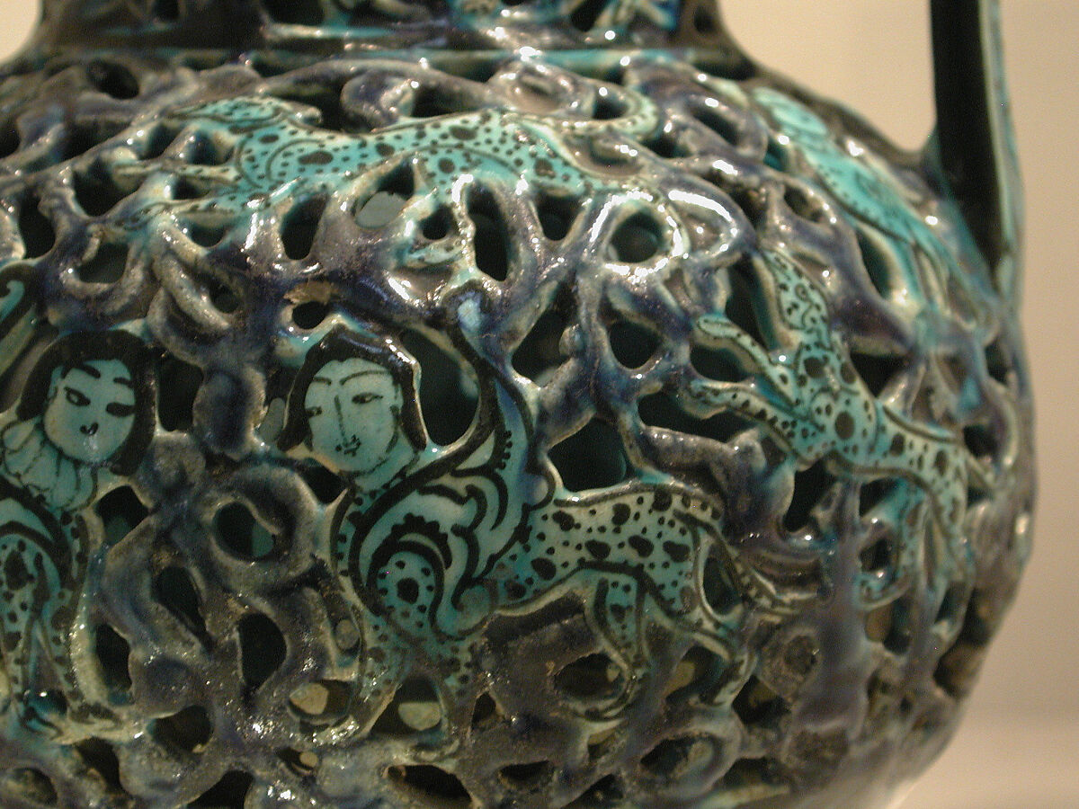 Pierced Jug with Harpies and Sphinxes, Stonepaste; openwork, underglaze-painted, glazed in transparent turquoise