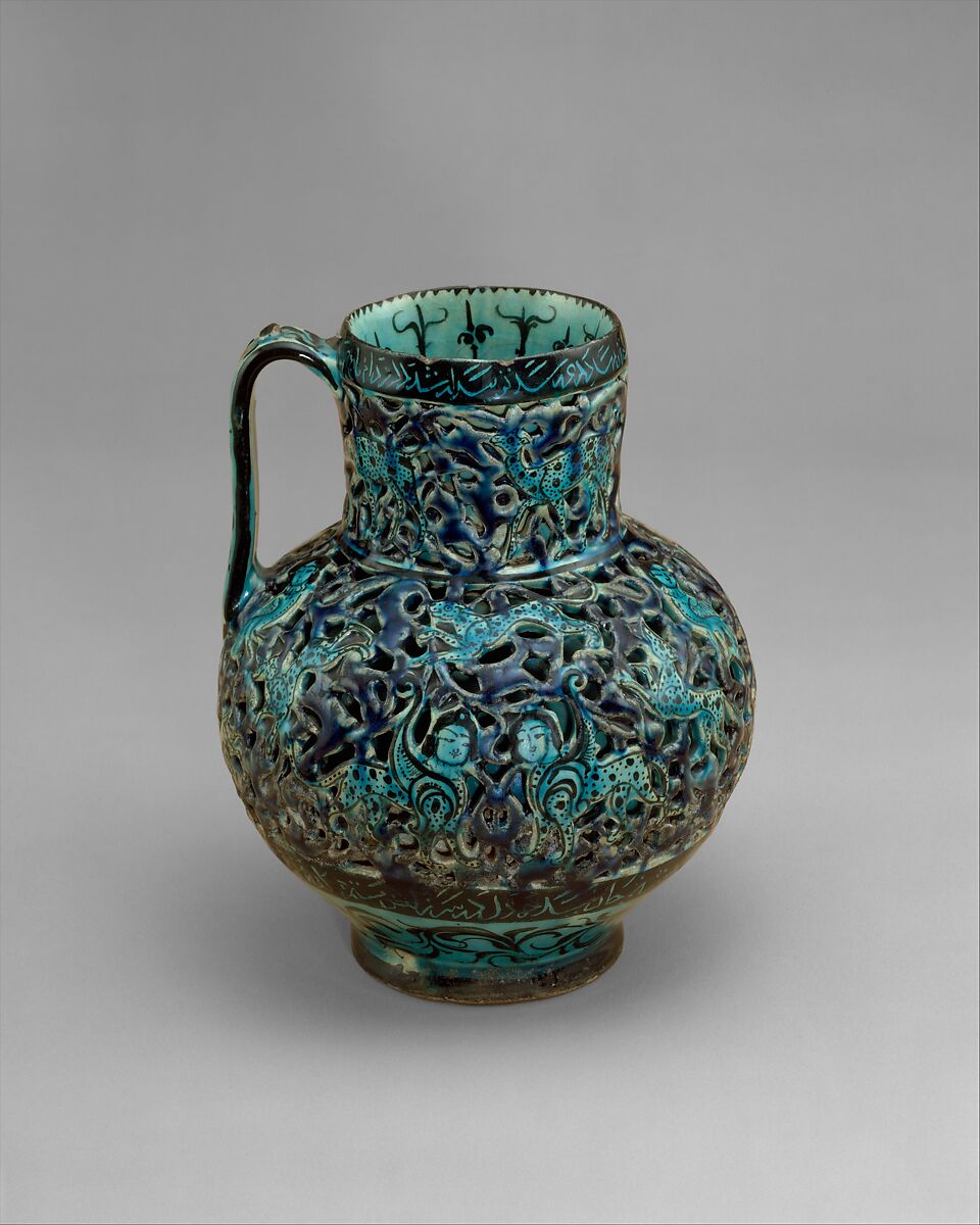 Pierced Jug with Harpies and Sphinxes, Stonepaste; openwork, underglaze-painted, glazed in transparent turquoise