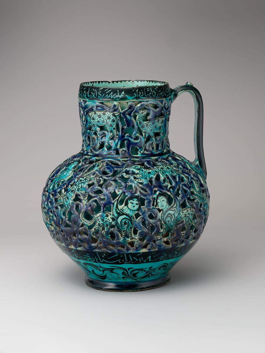 Pierced Jug with Harpies and Sphinxes, Stonepaste; openwork, underglaze-painted, glazed in transparent turquoise 