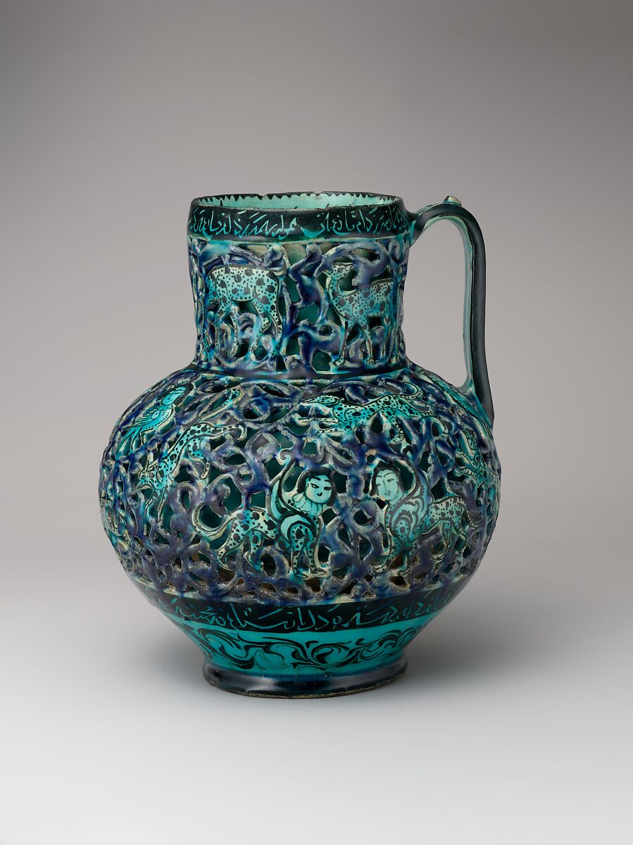 Pierced Jug with Harpies and Sphinxes, Stonepaste; openwork, underglaze-painted, glazed in transparent turquoise