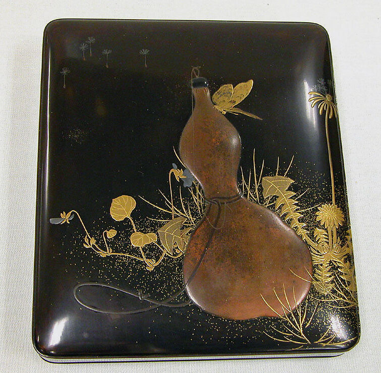 Writing Box with Gourd, School of Shibata Zeshin (Japanese, 1807–1891), Black lacquer with gold and silver hiramaki-e, colored lacquer application, Japan