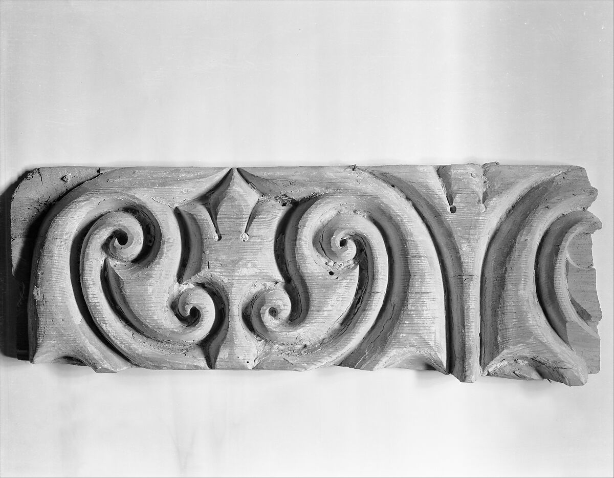 Panel Carved in the "Beveled Style" with Remains of Later Polychromy, Wood (black pine); carved, painted, and gilded