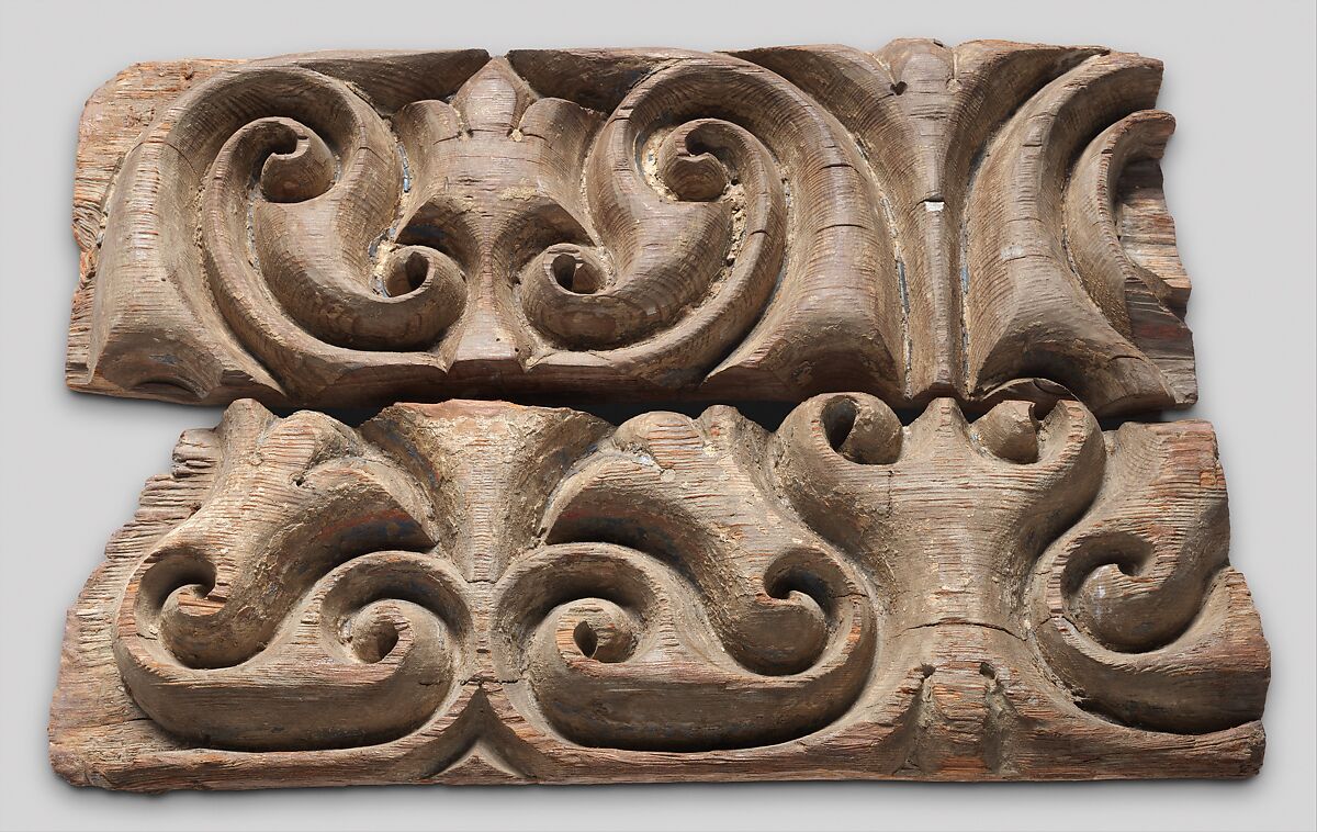 Panel Carved in the "Beveled Style" with Remains of Later Polychromy, Wood (black pine); carved, painted, and gilded