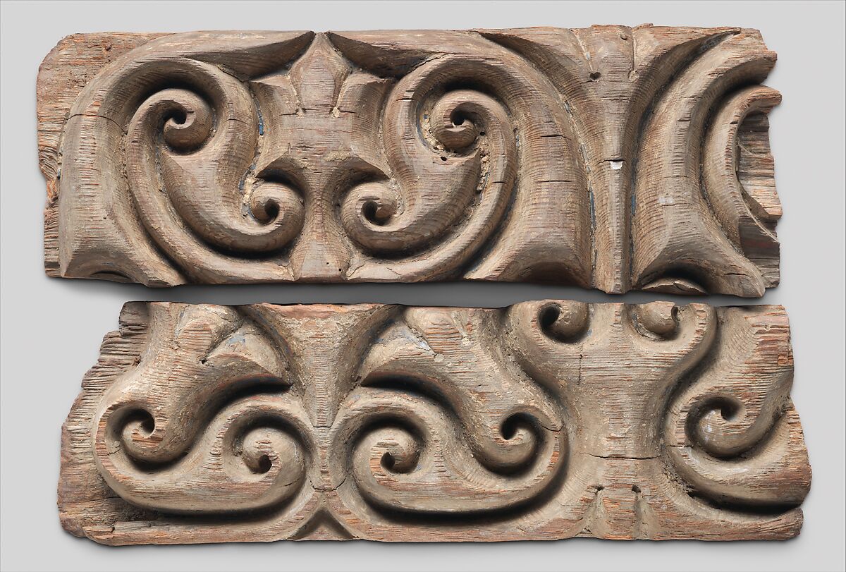 Panel Carved in the "Beveled Style" with Remains of Later Polychromy, Wood (black pine); carved, painted, and gilded 