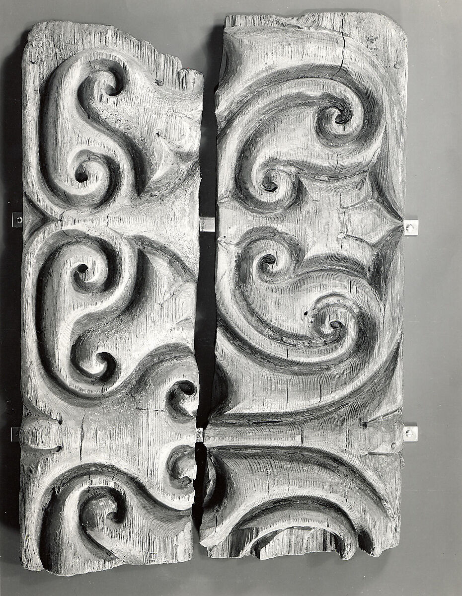 Panel Carved in the "Beveled Style" with Remains of Later Polychromy, Wood (black pine); carved, painted, and gilded