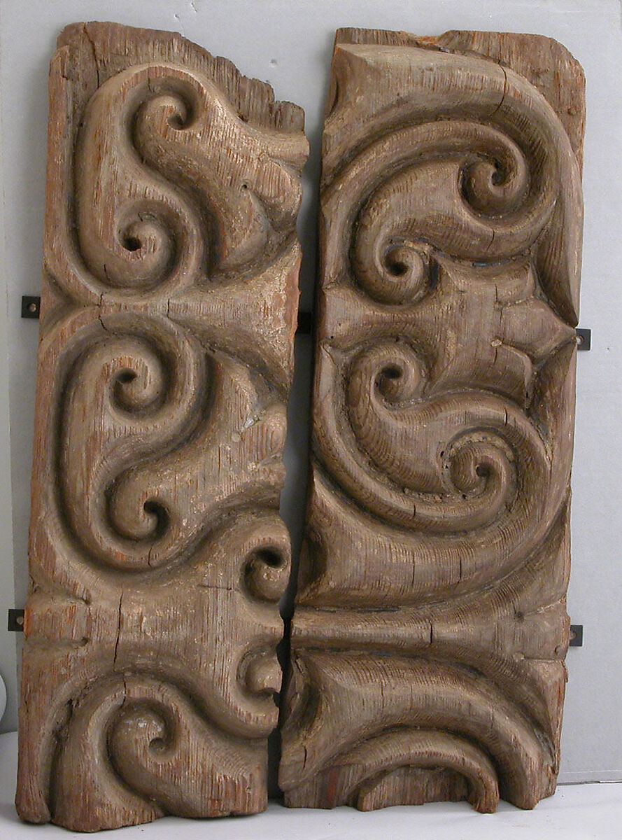 Panel Carved in the "Beveled Style" with Remains of Later Polychromy, Wood (black pine); carved, painted, and gilded