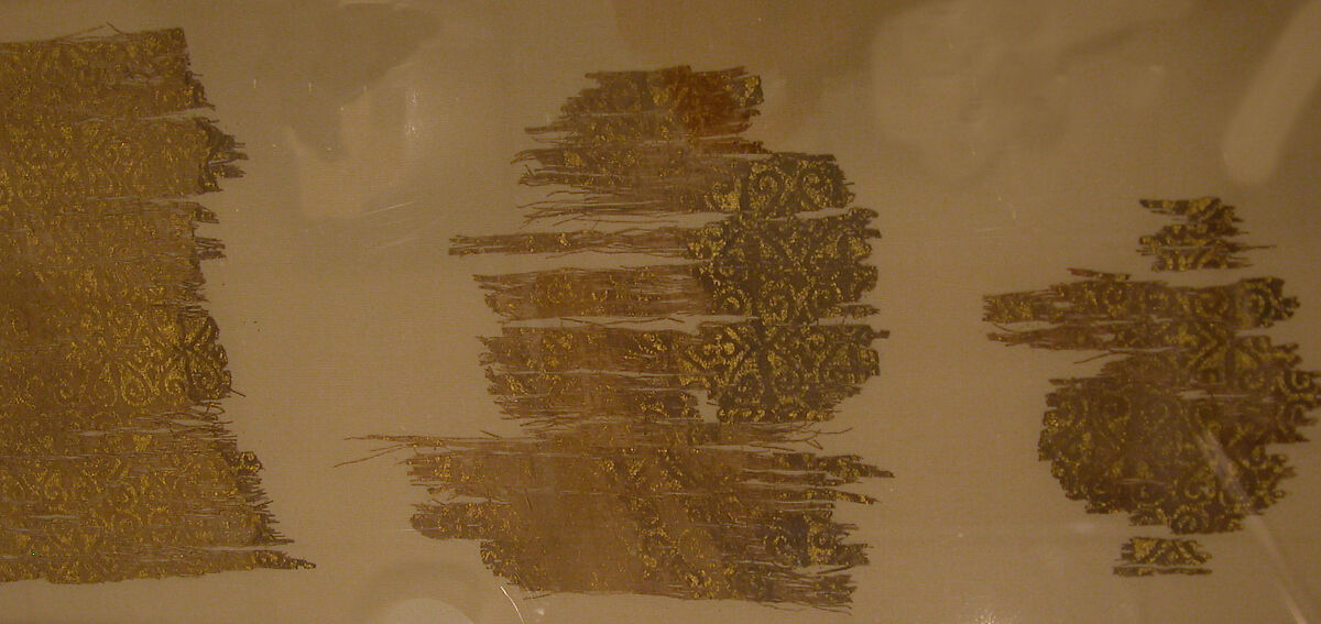 Textile Printed in Gold, Linen, cotton, rabbit fur; plain weave, printed