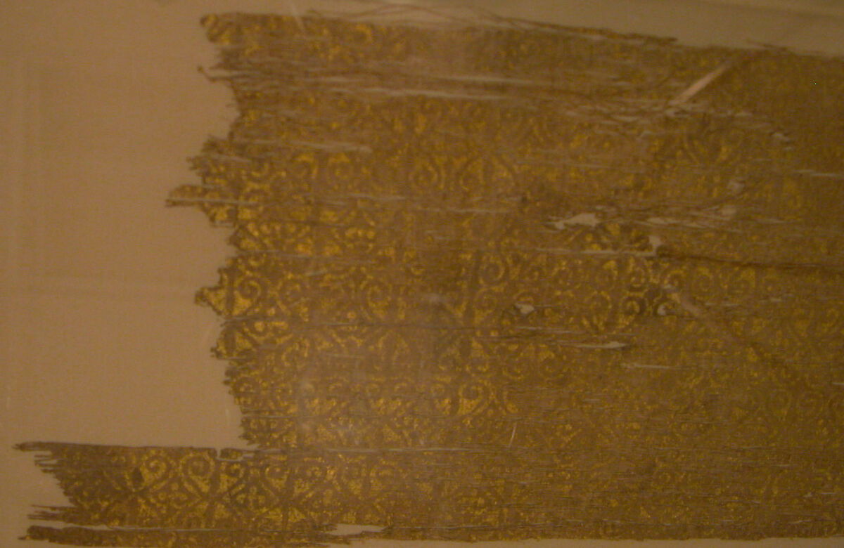 Textile Printed in Gold, Linen, cotton, rabbit fur; plain weave, printed