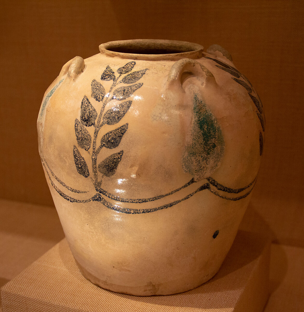 Jar with Four Lug Handles, Earthenware; painted in blue on opaque white glaze 