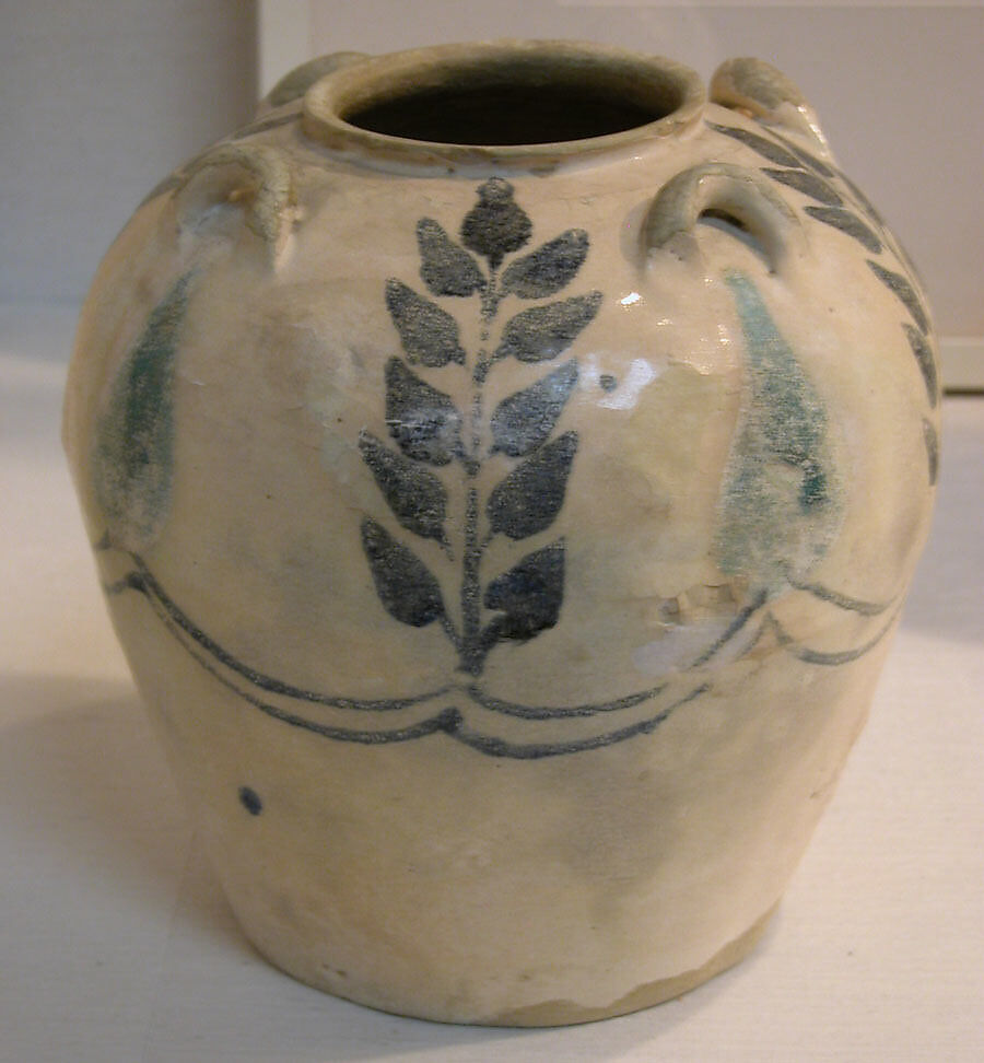 Jar with Four Lug Handles, Earthenware; painted in blue on opaque white glaze