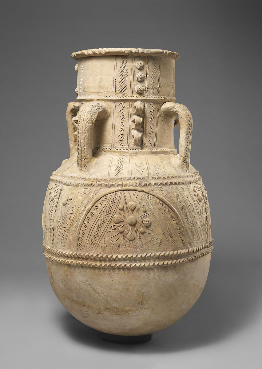 Large Storage Jar for Cool Water With Flower Motifs, Earthenware; applied and incised decoration, unglazed