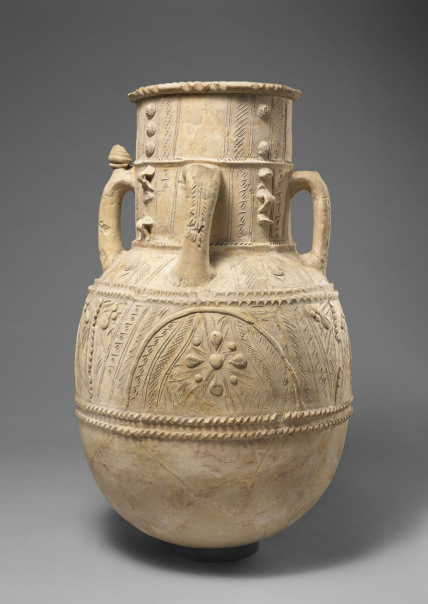 Large Storage Jar for Cool Water With Flower Motifs, Earthenware; applied and incised decoration, unglazed 