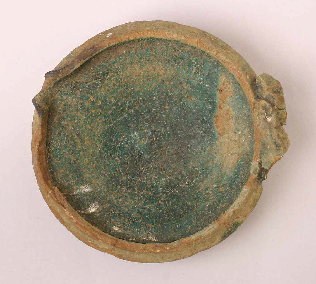 Oil Lamp with Open Reservoir, Earthenware; glazed, applied, and pinched 