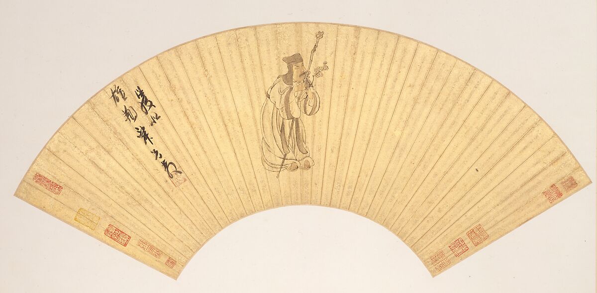 Landscapes and Flowers, Chen Hongshou (Chinese, 1598/99–1652), Twelve folding fans mounted as album leaves; ink and color on gold paper, China