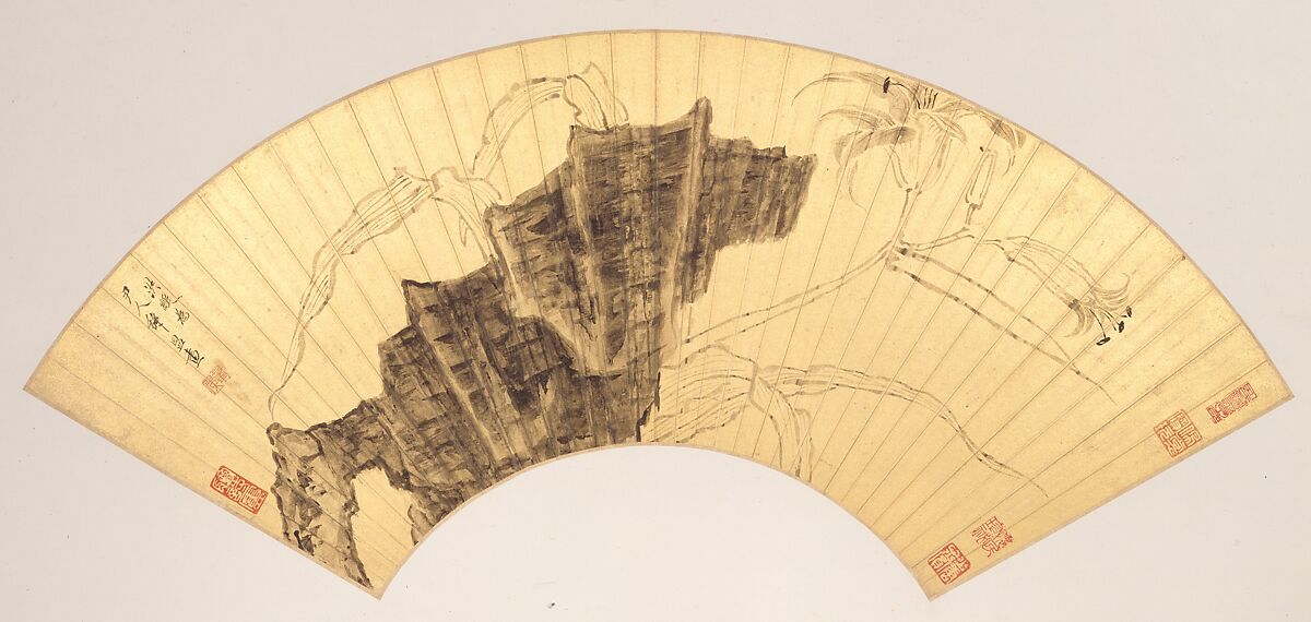 Landscapes and Flowers, Chen Hongshou (Chinese, 1598/99–1652), Twelve folding fans mounted as album leaves; ink and color on gold paper, China